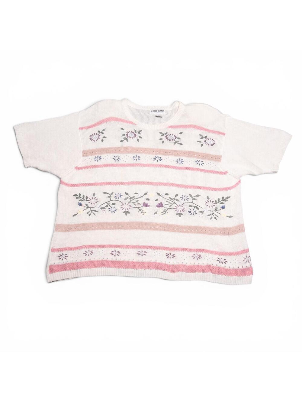 Vintage 90s Alfred Dunner White Floral Embroidered Knit Short Sleeve Sweater 3X